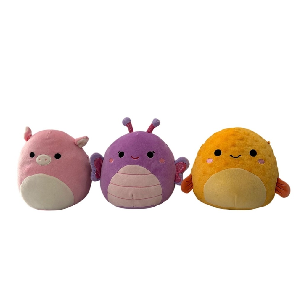Lot of 3 Squishmallows Plush 8" Kellytoy Jazwares Pink Pig Butterfly Fish 8"